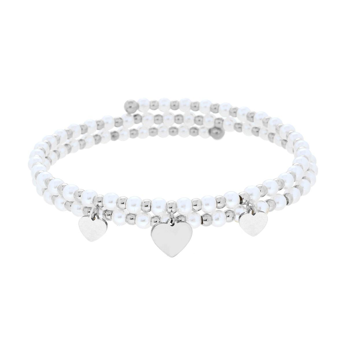 Bracciale Semirigido con Perle Palline e Cuori plain pendenti in ACCIAIO