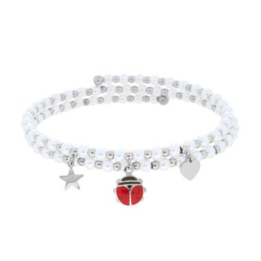 Bracciale Semirigido con Perle Palline e Stella Cuore e Coccinella pendenti con Smalto Rosso in ACCIAIO