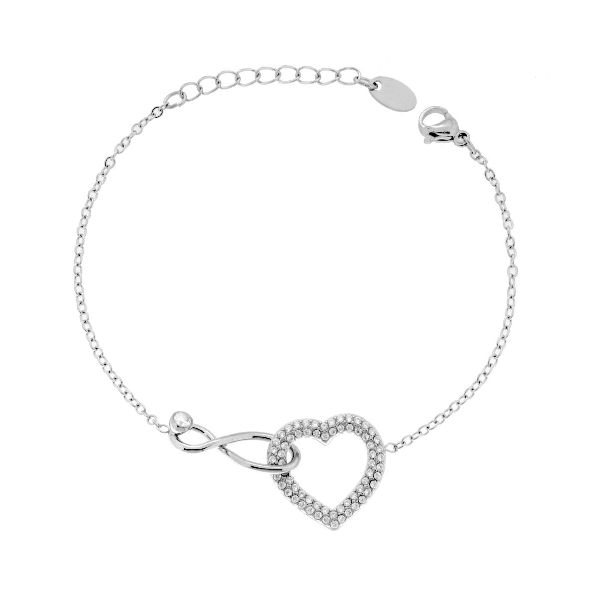 Bracciale Catena Forzatina Diamantata con Cuore e Infinito incrociati e Crystal Bianchi in ACCIAIO