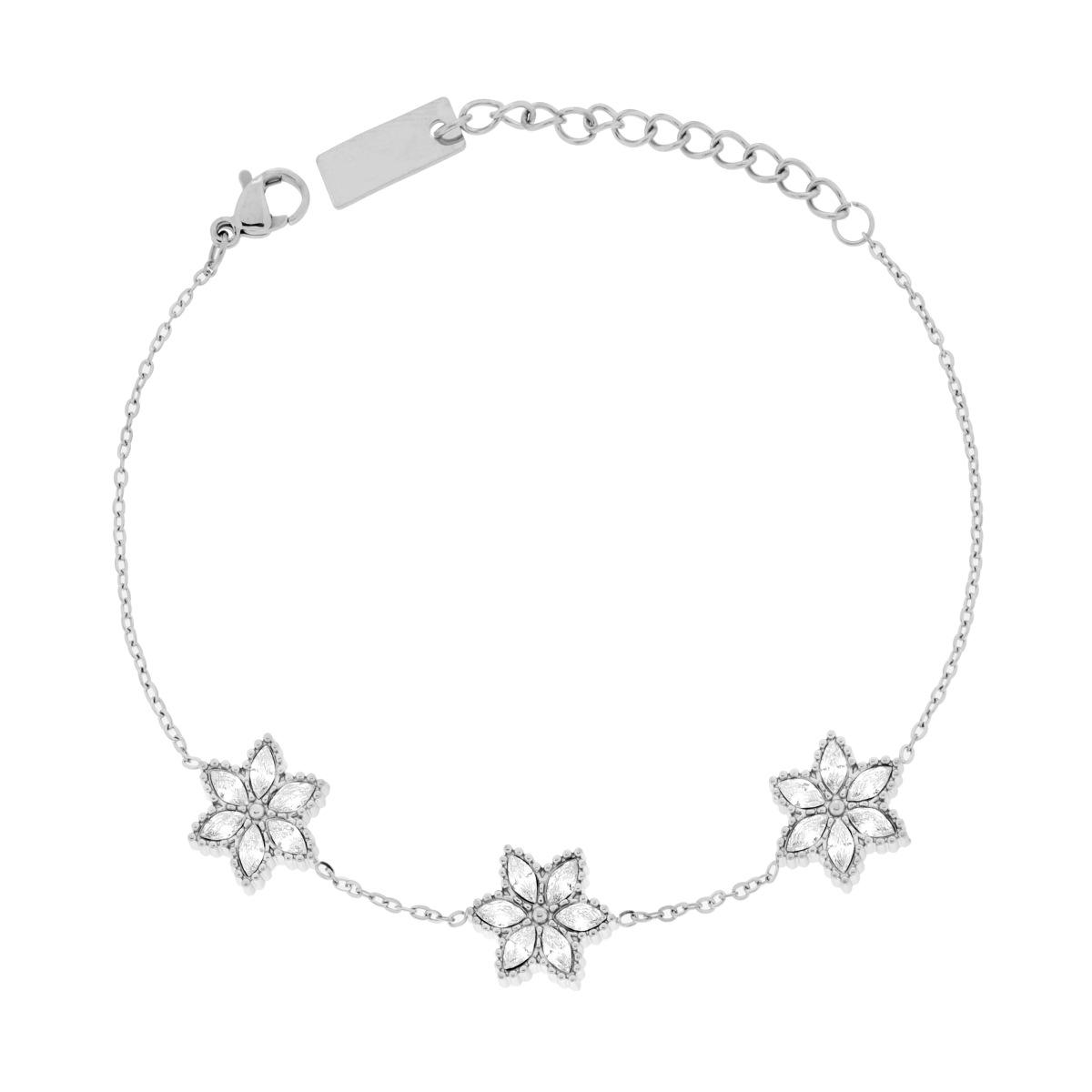Bracciale Catena Forzatina Diamantata con Fiori e Crystal Marquise Bianchi in ACCIAIO