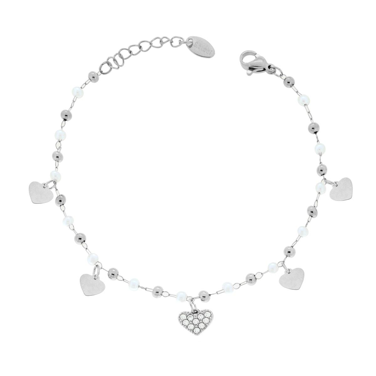 Bracciale Catena Forzatina Diamantata con Perle Palline e Cuori pendenti con Crystal Bianchi in ACCIAIO