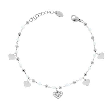 Bracciale Catena Forzatina Diamantata con Perle Palline e Cuori pendenti con Crystal Bianchi in ACCIAIO
