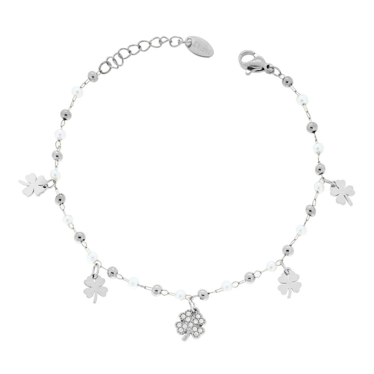 Bracciale Catena Forzatina Diamantata con Perle Palline e Quadrifogli pendenti con Crystal Bianchi in ACCIAIO