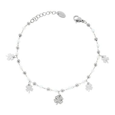Bracciale Catena Forzatina Diamantata con Perle Palline e Quadrifogli pendenti con Crystal Bianchi in ACCIAIO