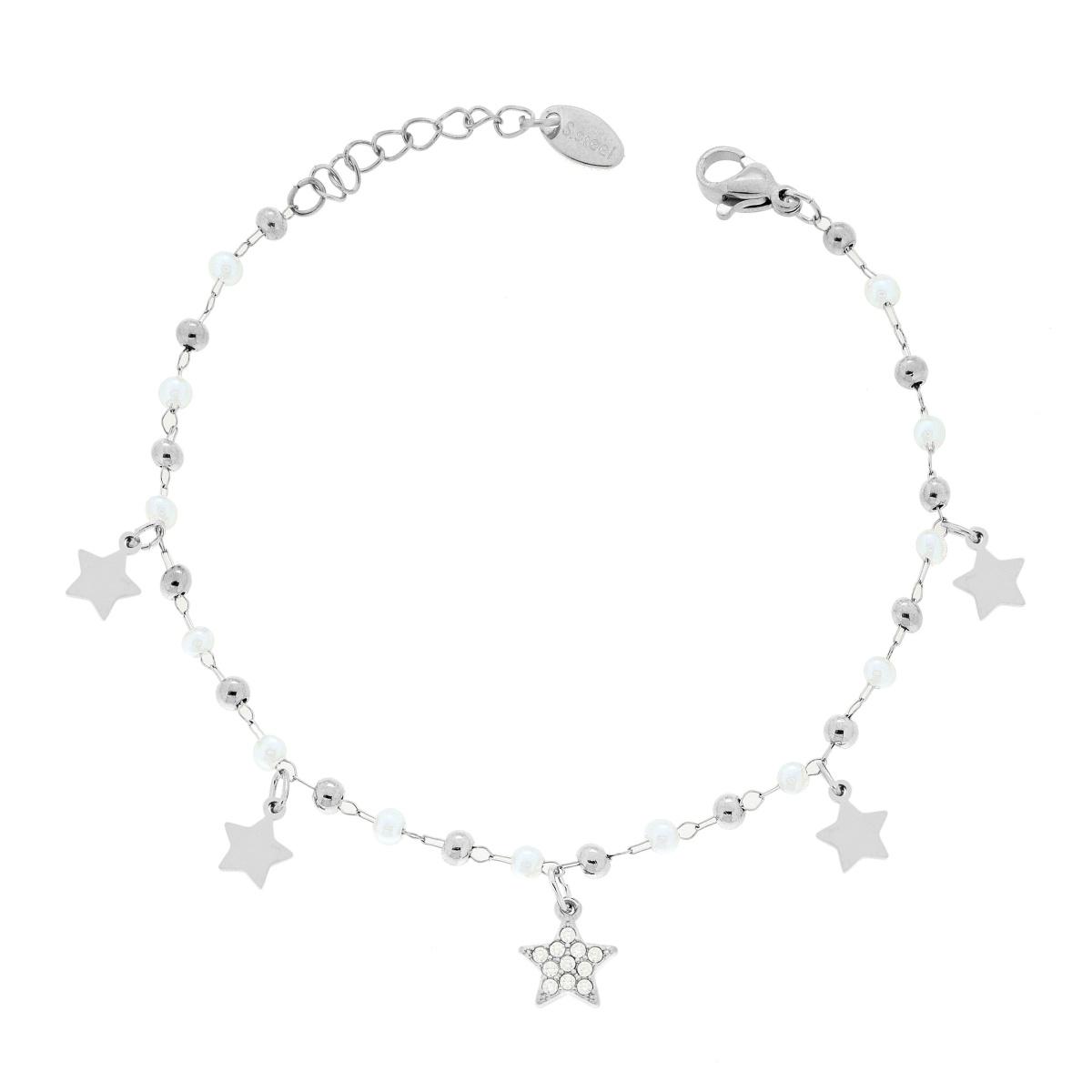 Bracciale Catena Forzatina Diamantata con Perle Palline e Stelle pendenti con Crystal Bianchi in ACCIAIO