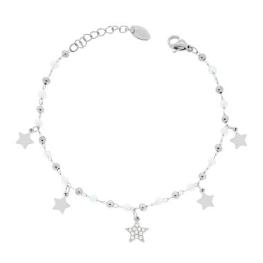 Bracciale Catena Forzatina Diamantata con Perle Palline e Stelle pendenti con Crystal Bianchi in ACCIAIO