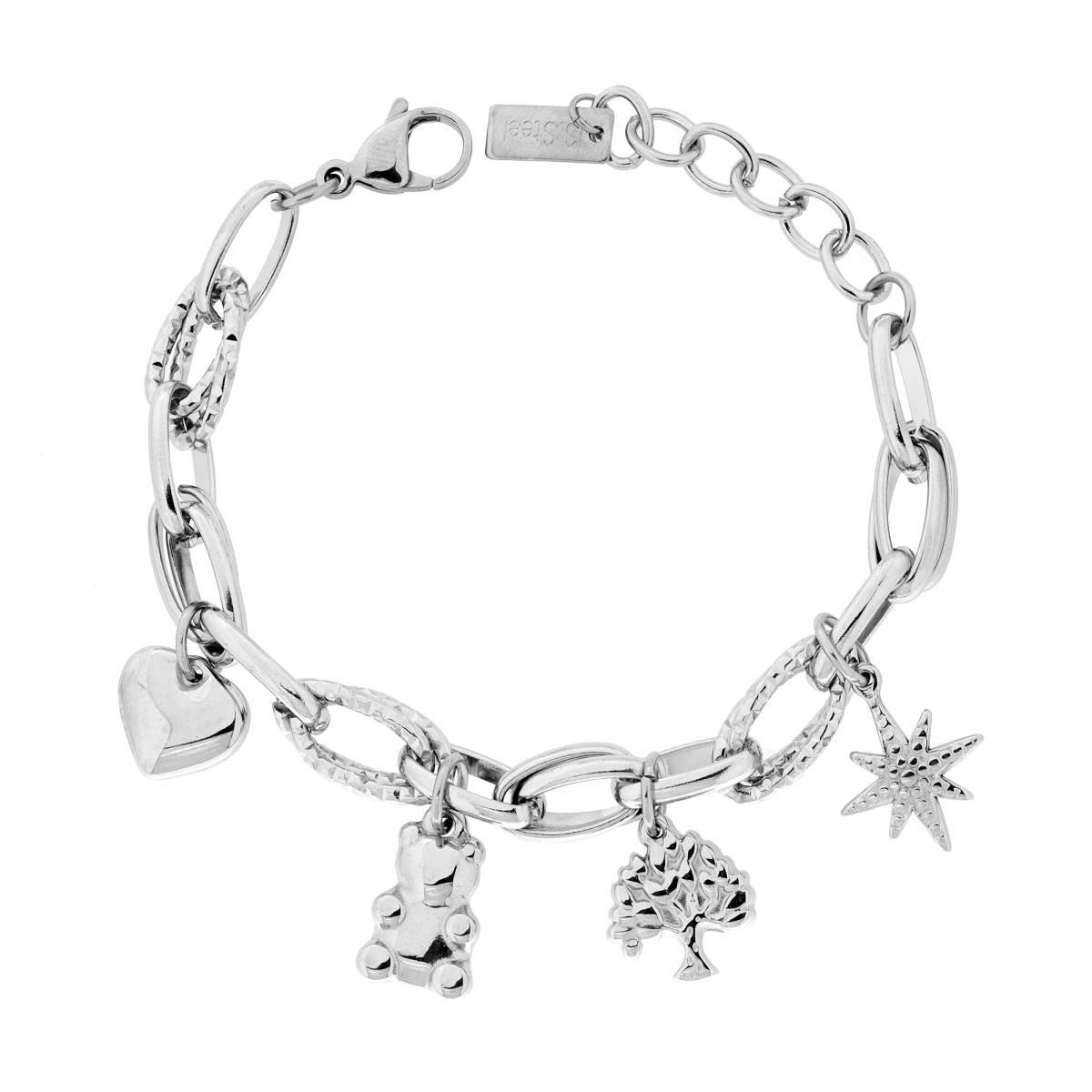 Bracciale Catena Forzatina Multimaglia con Charms Cuore e Orsacchiotto pendenti in ACCIAIO