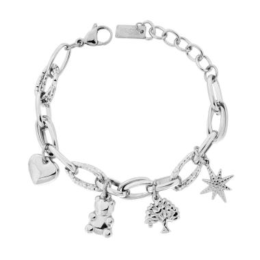 Bracciale Catena Forzatina Multimaglia con Charms Cuore e Orsacchiotto pendenti in ACCIAIO