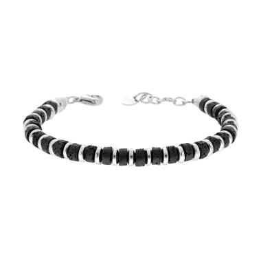 Bracciale Catena con Cilindretti in Pietra Lavica colore Nero in ACCIAIO
