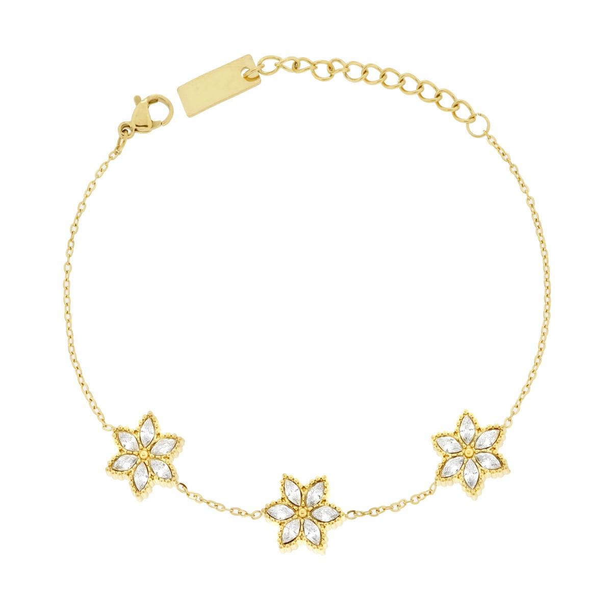 Bracciale Catena Forzatina Diamantata con Fiori e Crystal Marquise Bianchi in ACCIAIO colore Oro