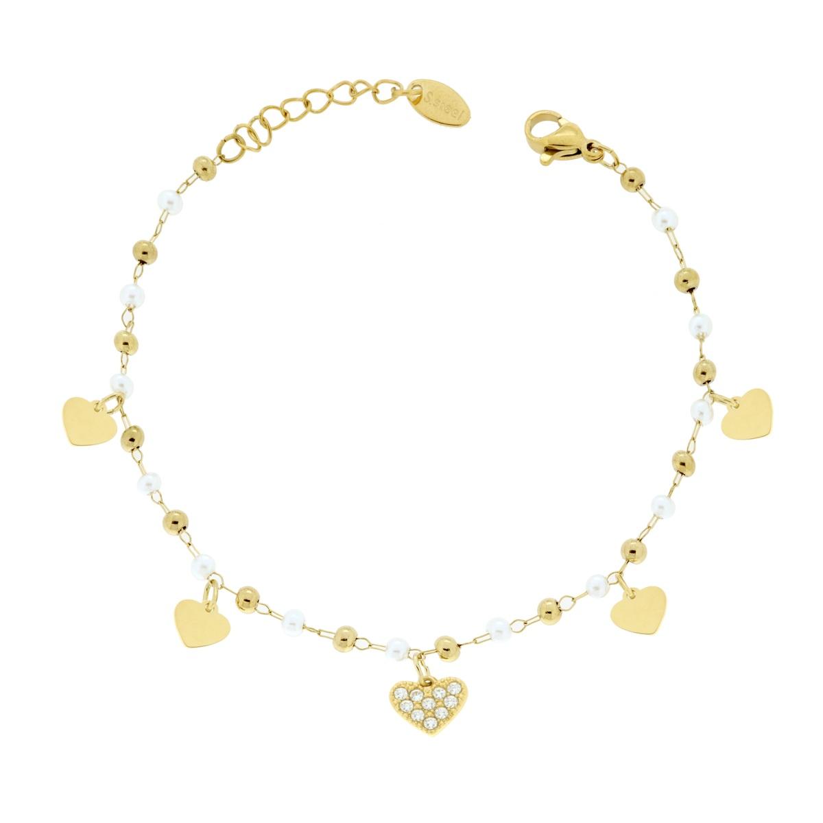 Bracciale Catena Forzatina Diamantata con Perle Palline e Cuori pendenti con Crystal Bianchi in ACCIAIO colore Oro