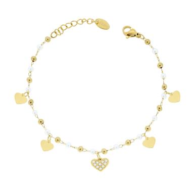 Bracciale Catena Forzatina Diamantata con Perle Palline e Cuori pendenti con Crystal Bianchi in ACCIAIO colore Oro