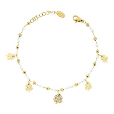 Bracciale Catena Forzatina Diamantata con Perle Palline e Quadrifogli pendenti con Crystal Bianchi in ACCIAIO colore Oro