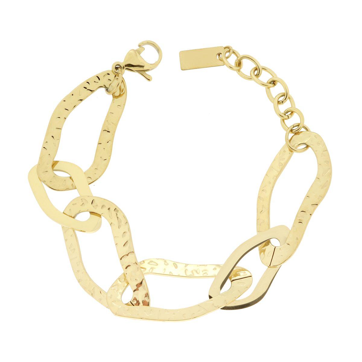 Bracciale Catena Maglia Irregolare Piatta Martellata in ACCIAIO colore Oro
