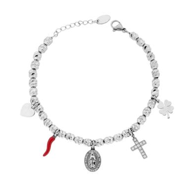 Bracciale Catena Ovali Diamantati con Corno smalto Rosso Quadrifogli Cuore Charms Portafortuna e Crystal Bianchi in ACCIAIO