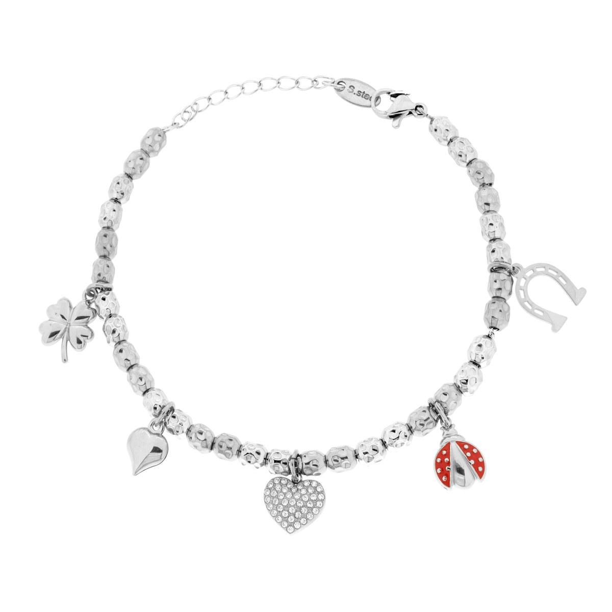 Bracciale Catena con Ovali Martellati e Charms Portafortuna pendenti con Smalto Rosso e Crystal Bianchi in ACCIAIO