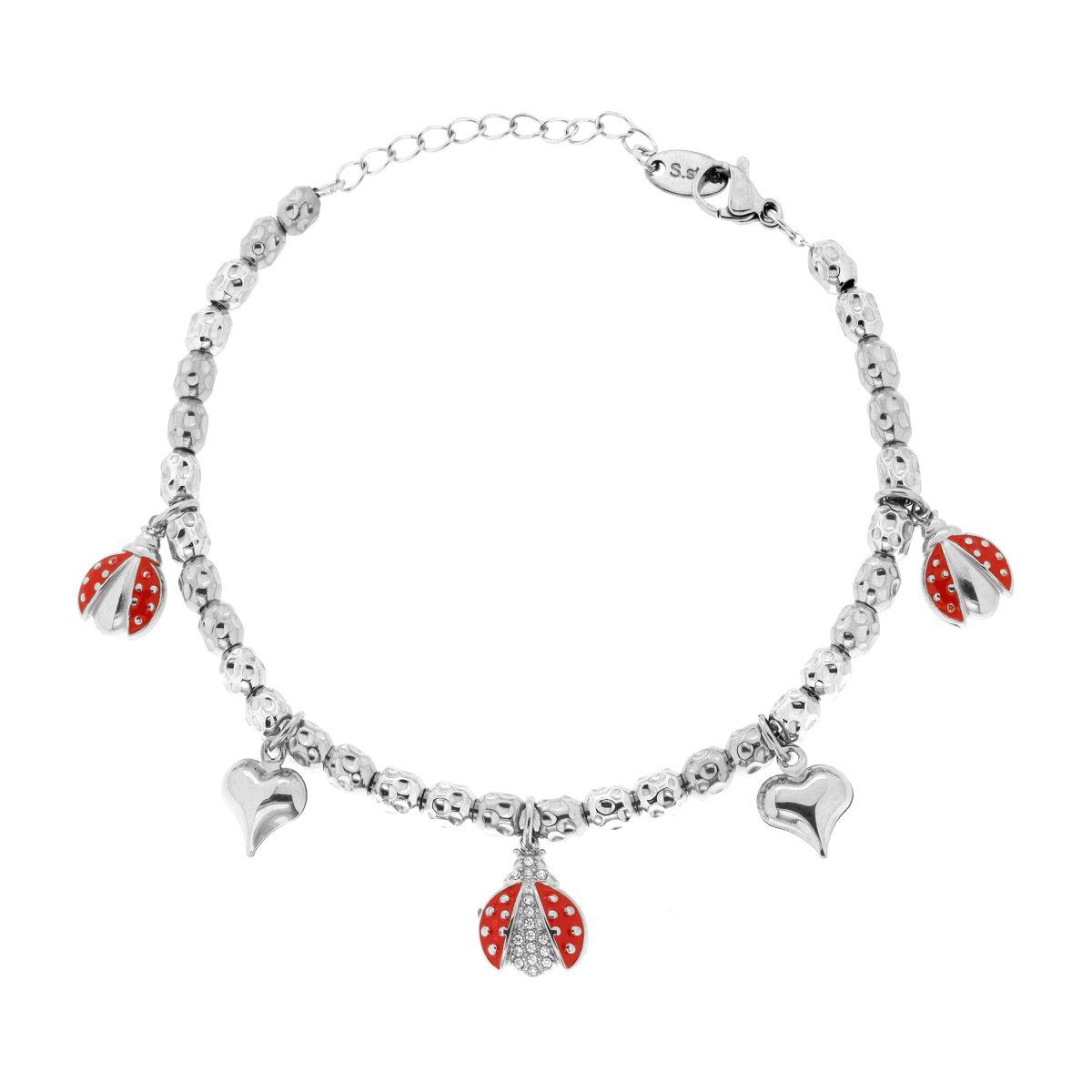 Bracciale Catena con Ovali Martellati e Charms Portafortuna pendenti con Smalto Rosso e Crystal Bianchi in ACCIAIO
