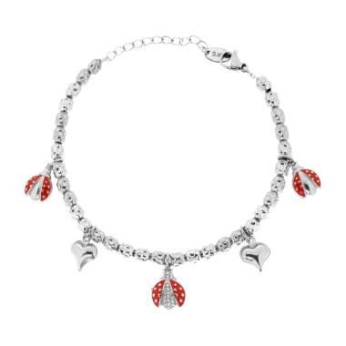 Bracciale Catena con Ovali Martellati e Charms Portafortuna pendenti con Smalto Rosso e Crystal Bianchi in ACCIAIO