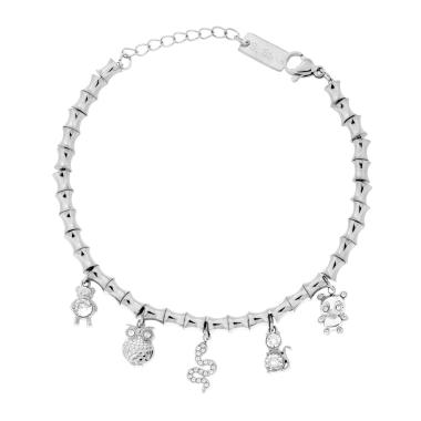 Bracciale Catena con Cilindri concavi con Charms Animali con Crystal Bianchi in ACCIAIO