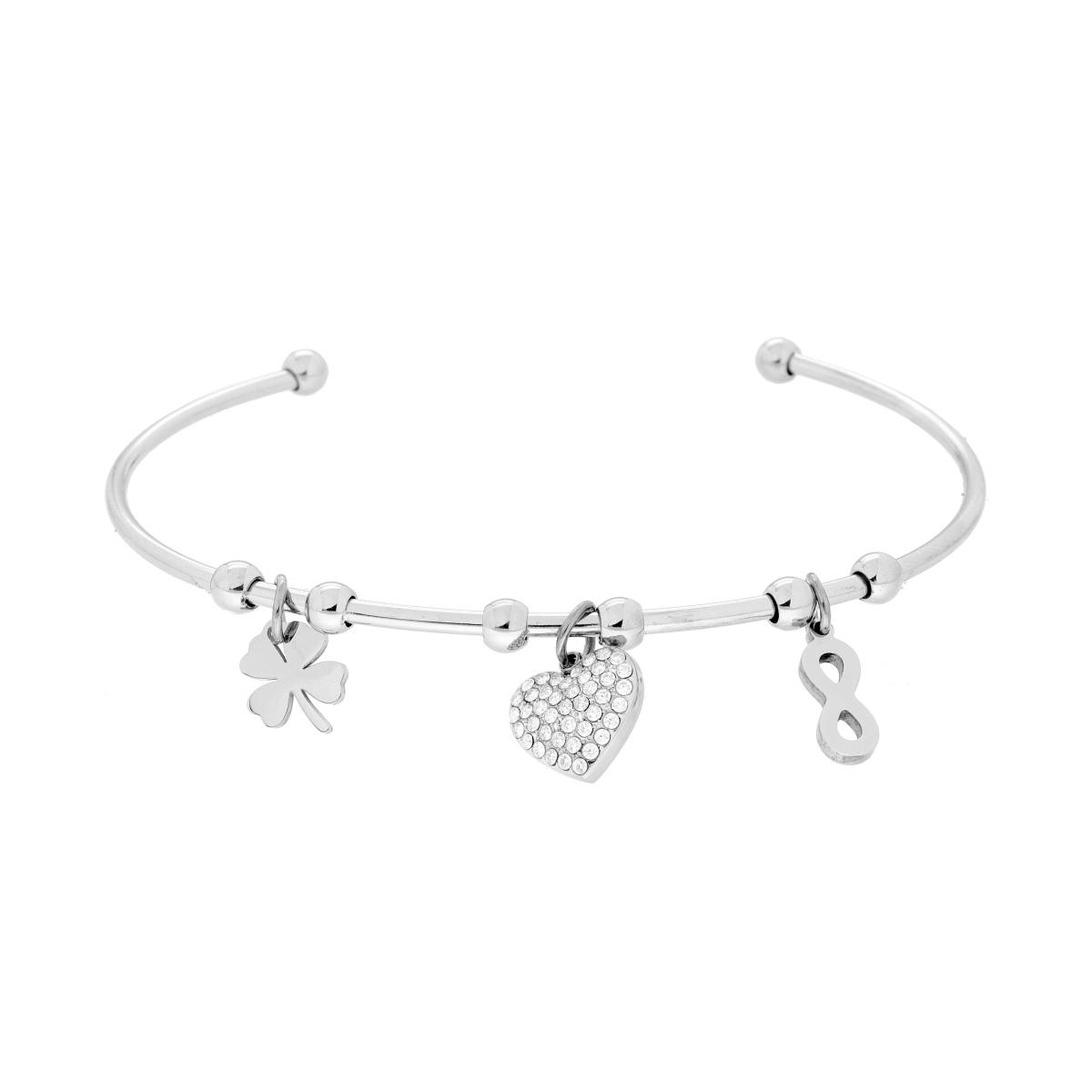 Bracciale filo Rigido con Cuore Quadrifoglio Infinito pendenti e Crystal Bianchi in ACCIAIO