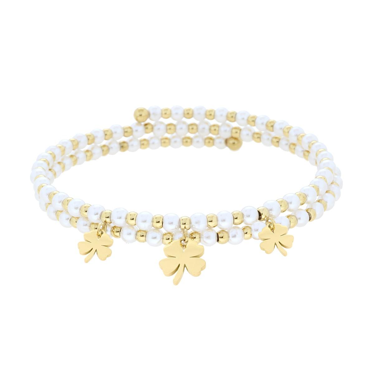 Bracciale Semirigido con Perle Palline e Quadrifogli plain pendenti in ACCIAIO colore Oro