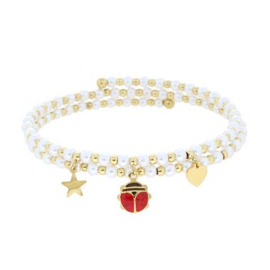 Bracciale Semirigido con Perle Palline e Stella Cuore e Coccinella pendenti con Smalto Rosso in ACCIAIO colore Oro
