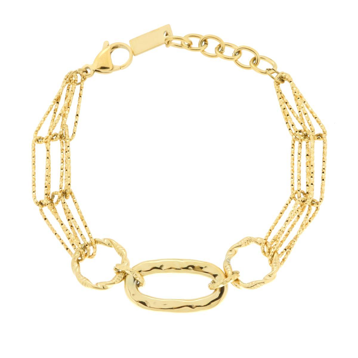 Bracciale Catena Multifilo Forzatina Diamantata e Ovale centrale Martellato in ACCIAIO colore Oro