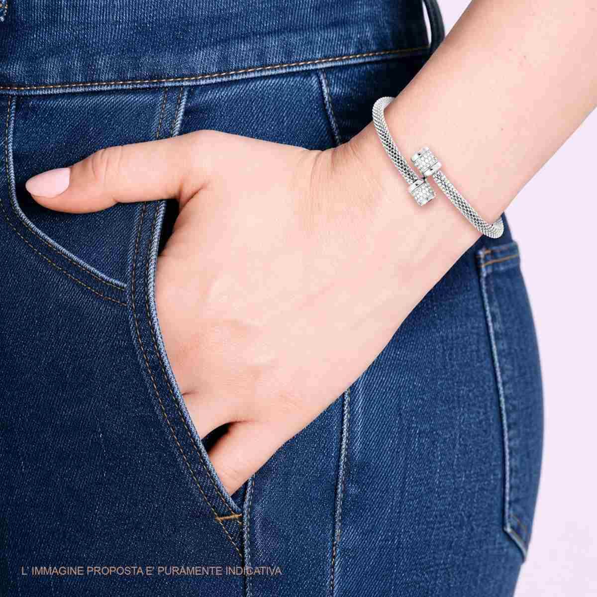 Bracciale Rigido Contrarie Catena Coreana e Crystal Bianchi in ACCIAIO