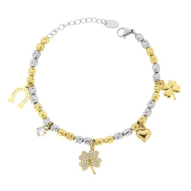 Bracciale Catena con Ovali colore Oro effetto martellato con Charms Portafortuna e Crystal Bianchi in ACCIAIO