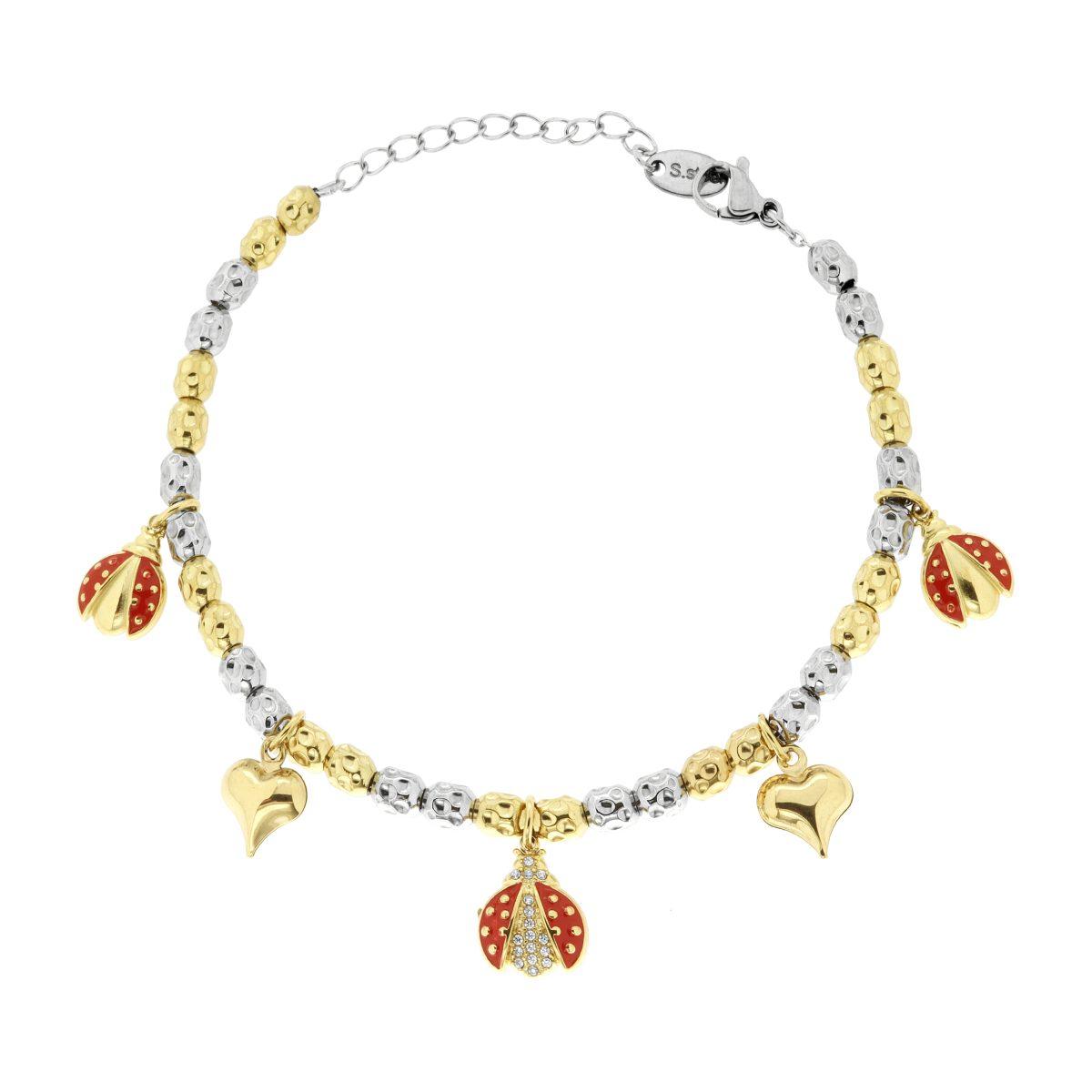 Bracciale Catena con Ovali Martellati alternati colore Oro e Charms Portafortuna pendenti con Smalto Rosso e Crystal Bianchi in ACCIAIO