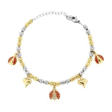 Bracciale Catena con Ovali Martellati alternati colore Oro e Charms Portafortuna pendenti con Smalto Rosso e Crystal Bianchi in ACCIAIO