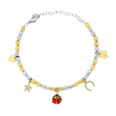 Bracciale Catena con Ovali Martellati alternati colore Oro e Charms Portafortuna pendenti con Smalto Rosso e Crystal Bianchi in ACCIAIO