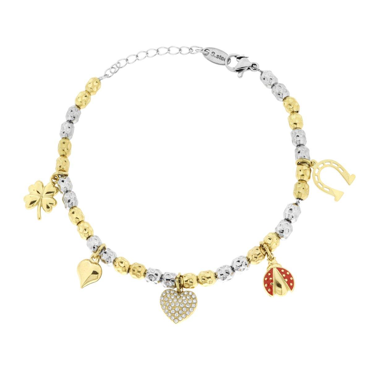 Bracciale Catena con Ovali Martellati alternati colore Oro e Charms Portafortuna pendenti con Smalto Rosso e Crystal Bianchi in ACCIAIO