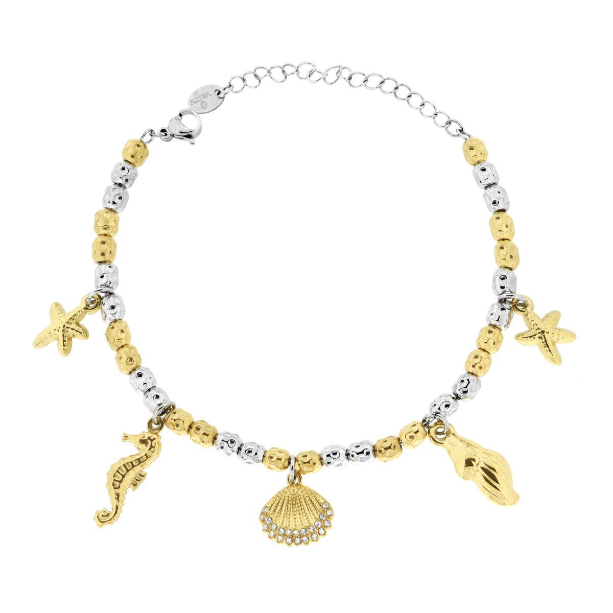 Bracciale Catena con Ovali colore Oro effetto martellato con Charms Mare e Crystal Bianchi in ACCIAIO