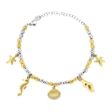 Bracciale Catena con Ovali colore Oro effetto martellato con Charms Mare e Crystal Bianchi in ACCIAIO