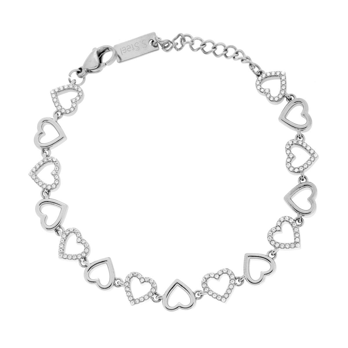 Bracciale Catena Cuori con Crystal Bianchi in ACCIAIO