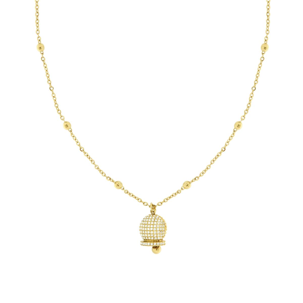 Collana Catena Forzatina Diamantata con Campanella e Crystal Bianchi in ACCIAIO colore Oro