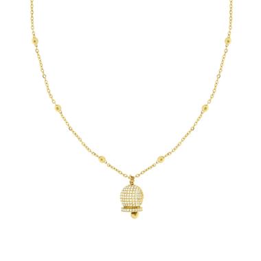 Collana Catena Forzatina Diamantata con Campanella e Crystal Bianchi in ACCIAIO colore Oro