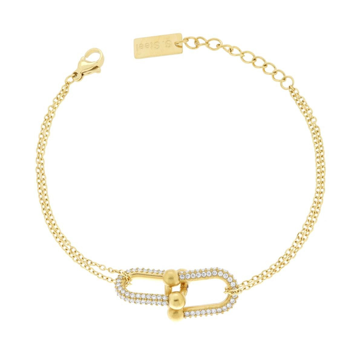 Bracciale due fili Catena Forzatina Diamantata con Maglia Industriale centrale e Crystal Bianchi in ACCIAIO colore Oro