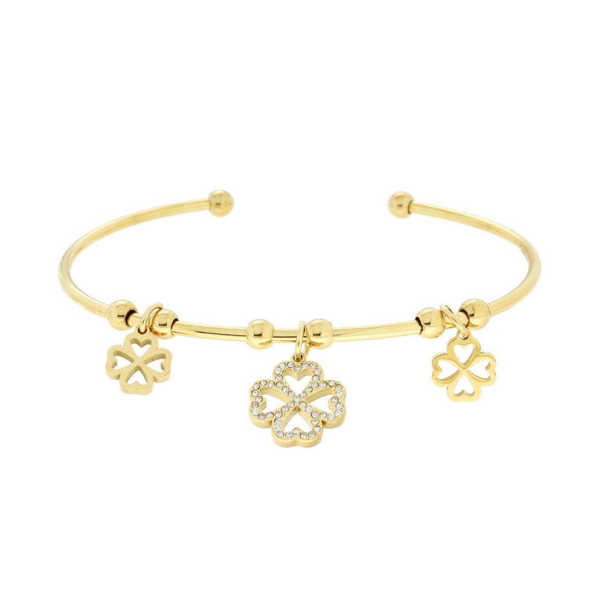 Bracciale filo Rigido con Quadrifogli pendenti e Crystal Bianchi in ACCIAIO colore Oro