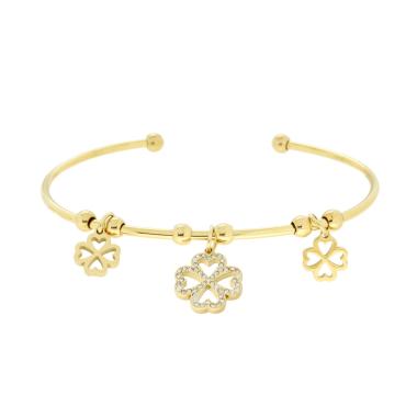 Bracciale filo Rigido con Quadrifogli pendenti e Crystal Bianchi in ACCIAIO colore Oro