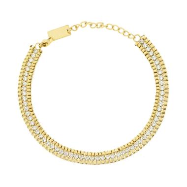 Bracciale due fili Catena Veneziana Diamantata e Tennis con Crystal Bianchi in ACCIAIO colore Oro