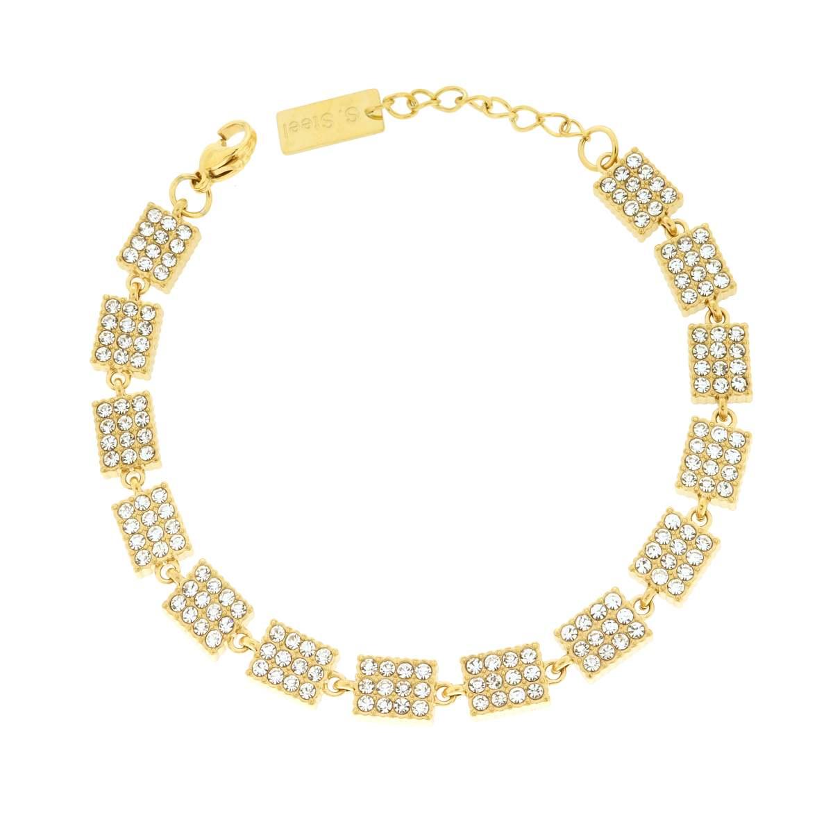 Bracciale Catena Rettangoli con Crystal Bianchi in ACCIAIO colore Oro
