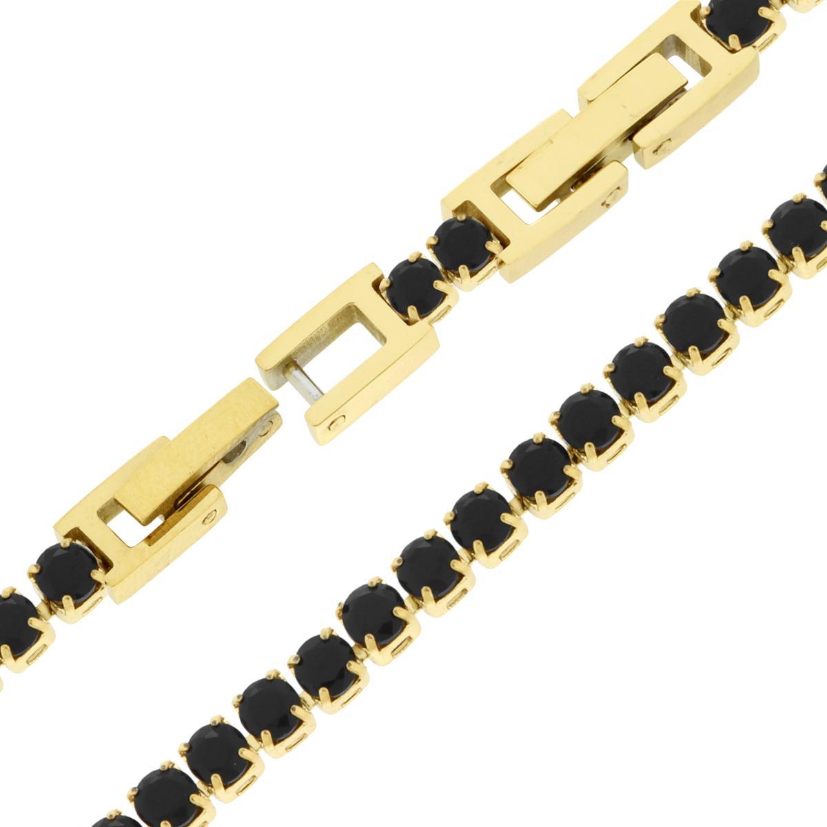 Bracciale Tennis Griffe cm 17+2 con Crystal mm 2 Neri regolabile in ACCIAIO colore Oro