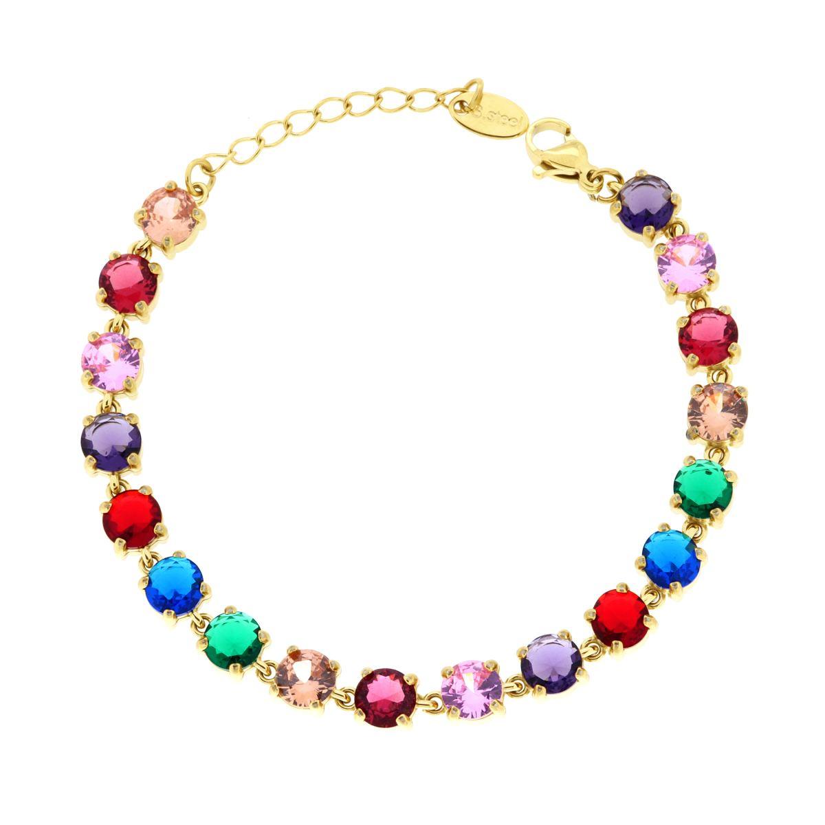 Bracciale Tennis con Crystal Tondi Multicolor in ACCIAIO colore Oro