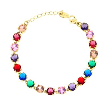 Bracciale Tennis con Crystal Tondi Multicolor in ACCIAIO colore Oro