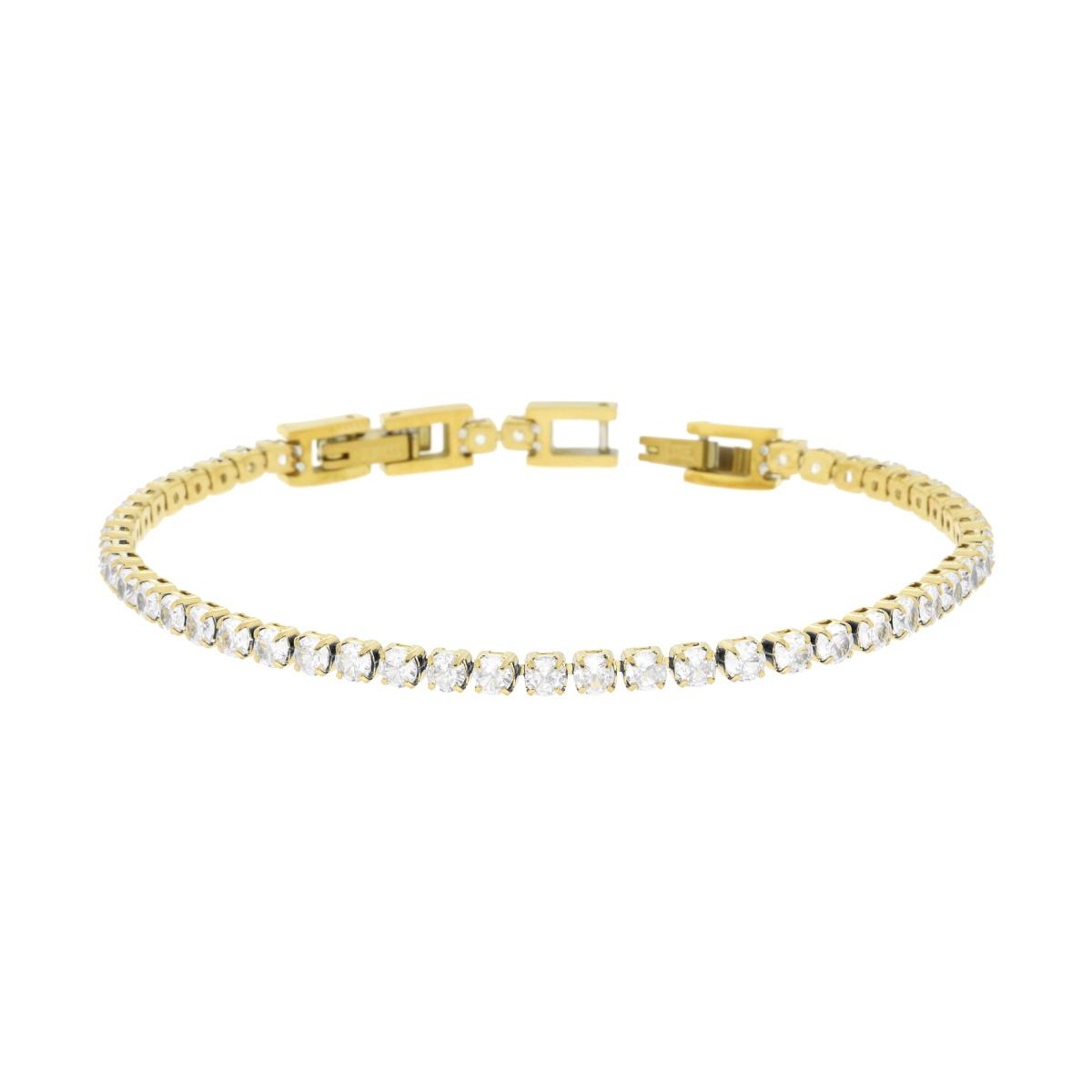 Bracciale Tennis Griffe cm 17+2 con Crystal mm 3 Bianchi regolabile in ACCIAIO colore Oro