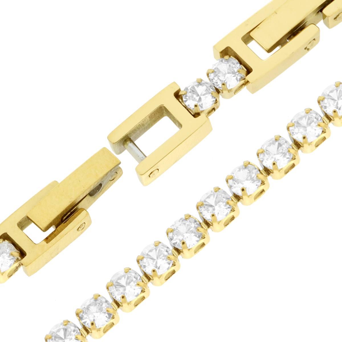 Bracciale Tennis Griffe cm 17+2 con Crystal mm 3 Bianchi regolabile in ACCIAIO colore Oro