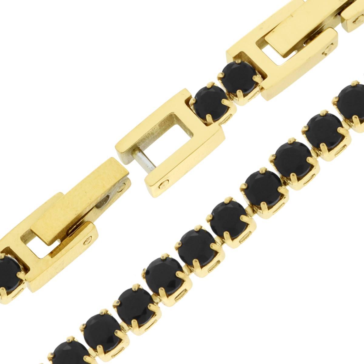 Bracciale Tennis Griffe cm 17+2 con Crystal mm 3 Neri regolabile in ACCIAIO\n colore Oro