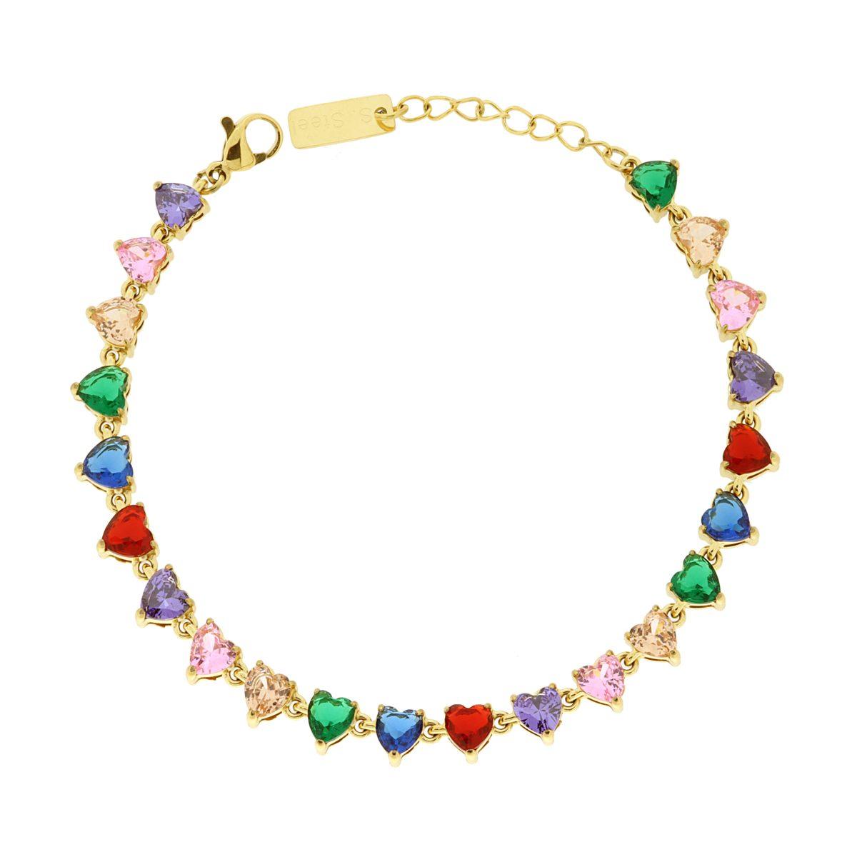 Bracciale Tennis con Cuori Crystal Multicolor in ACCIAIO colore Oro